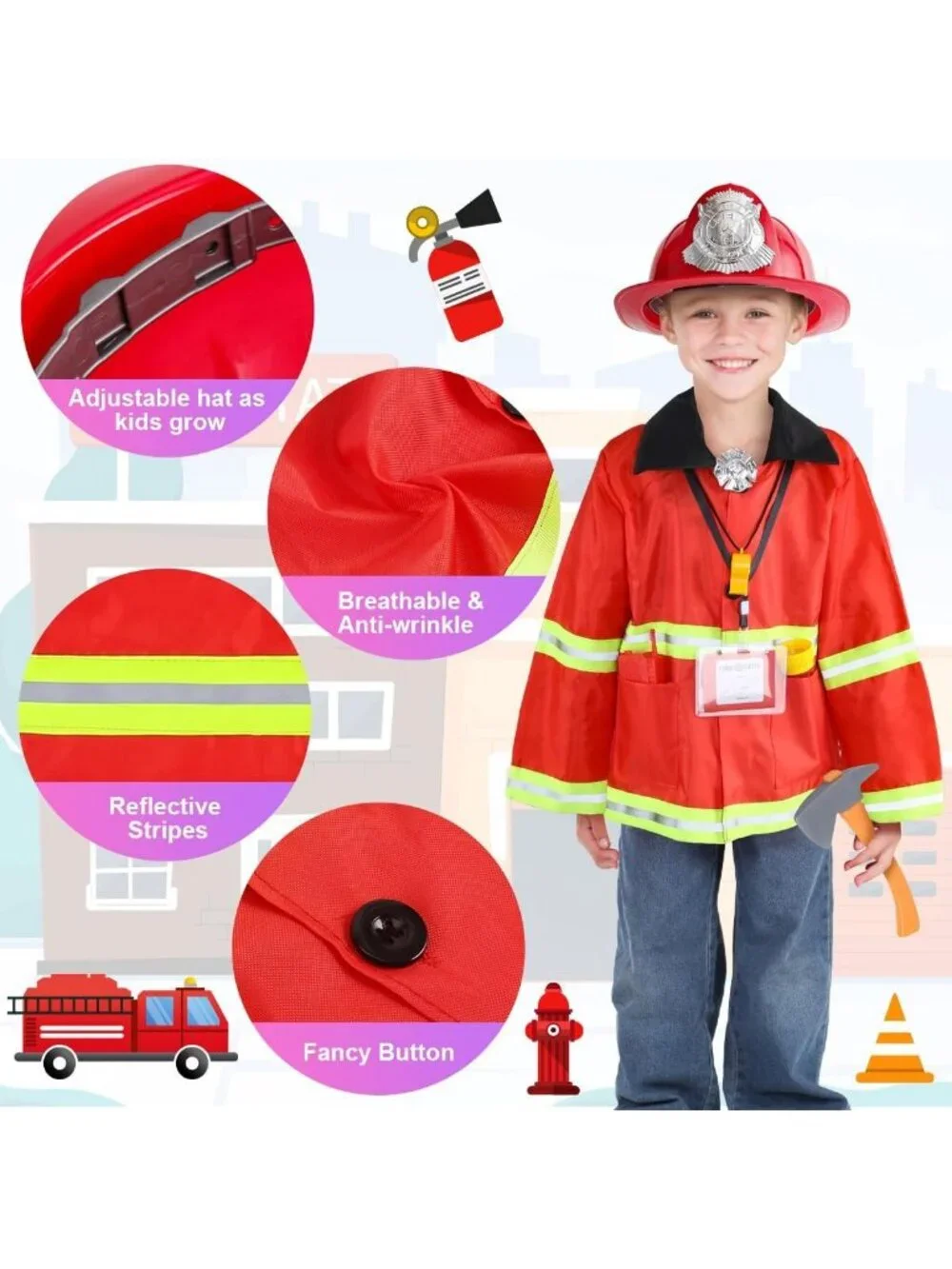 Kids Firefighter Costume Set - 10 Pcs Role Play Outfit & Toy Accessories for